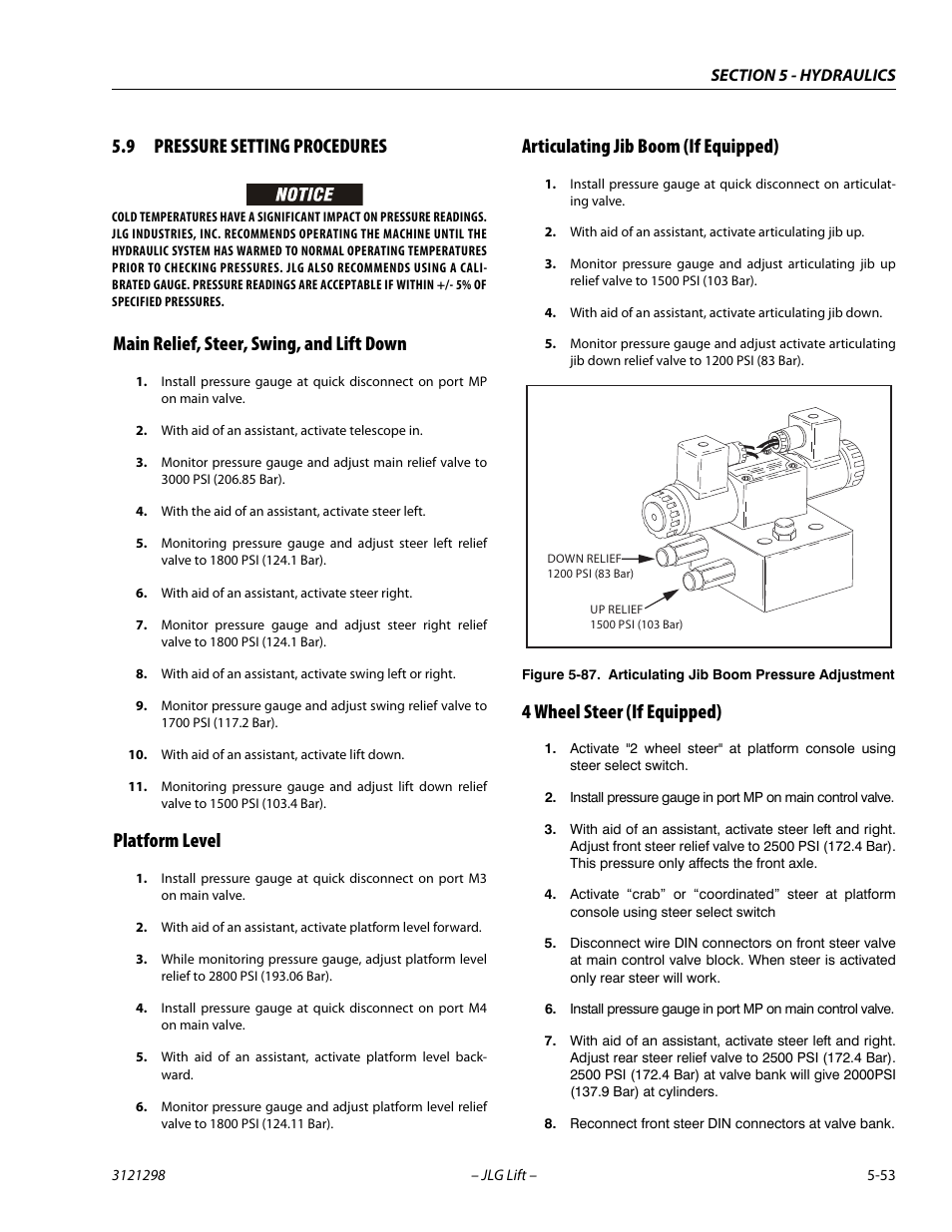 9 pressure setting procedures, Main relief, steer, swing, and lift down, Platform level | Articulating jib boom (if equipped), 4 wheel steer (if equipped), Pressure setting procedures -53, Articulating jib boom pressure adjustment -53 | JLG 660SJ Service Manual User Manual | Page 243 / 328