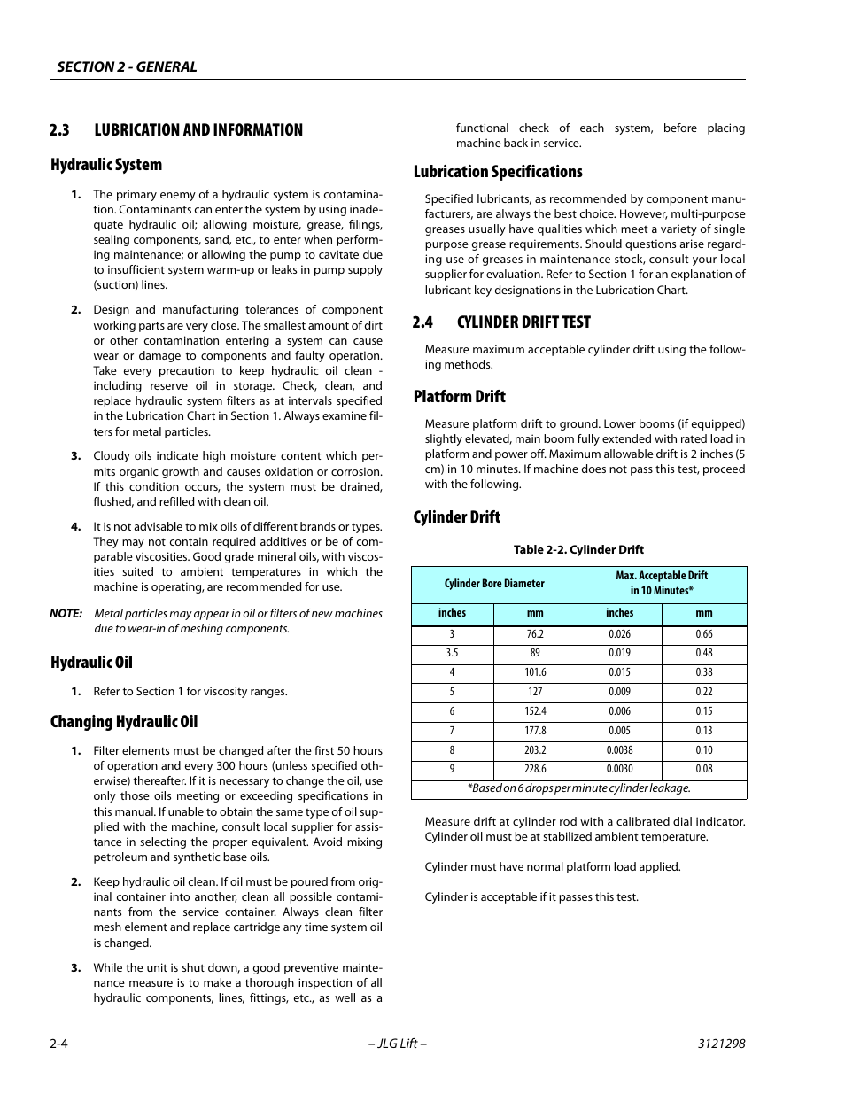 3 lubrication and information, Hydraulic system, Hydraulic oil | Changing hydraulic oil, Lubrication specifications, 4 cylinder drift test, Platform drift, Cylinder drift, Lubrication and information -4, Cylinder drift test -4 | JLG 660SJ Service Manual User Manual | Page 38 / 328