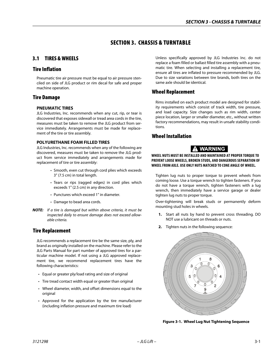 Section 3. chassis & turntable, 1 tires & wheels, Tire inflation | Tire damage, Pneumatic tires, Polyurethane foam filled tires, Tire replacement, Wheel replacement, Wheel installation, Section | JLG 660SJ Service Manual User Manual | Page 45 / 328