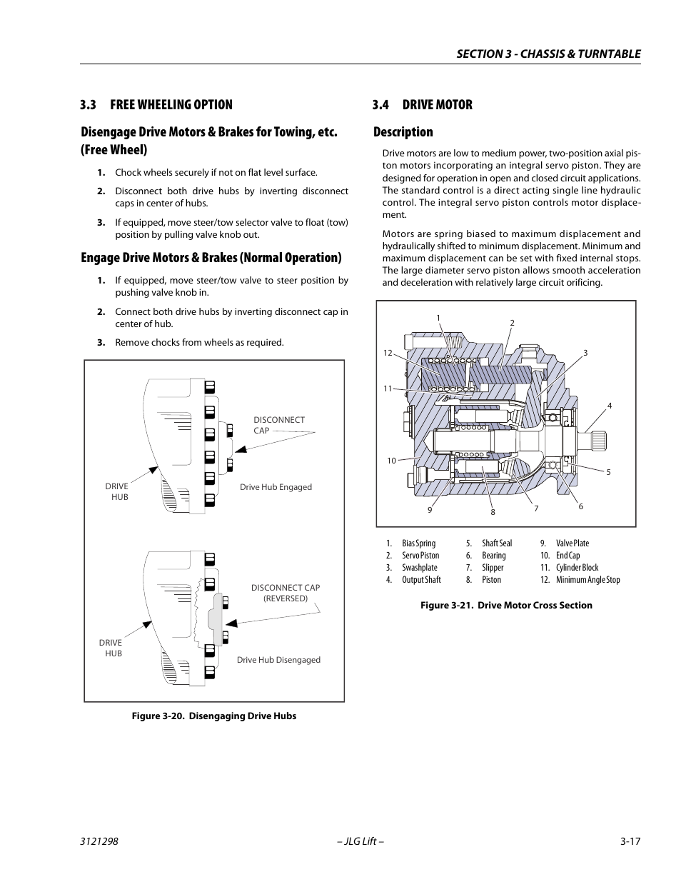 3 free wheeling option, Engage drive motors & brakes (normal operation), 4 drive motor | Description, Free wheeling option -17, Drive motor -17, Description -17, Disengaging drive hubs -17, Drive motor cross section -17, 4 drive motor description | JLG 660SJ Service Manual User Manual | Page 61 / 328