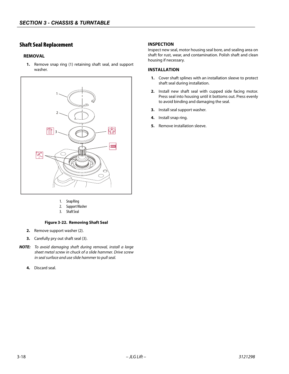 Shaft seal replacement, Removal, Inspection | Installation, Shaft seal replacement -18, Removing shaft seal -18 | JLG 660SJ Service Manual User Manual | Page 62 / 328