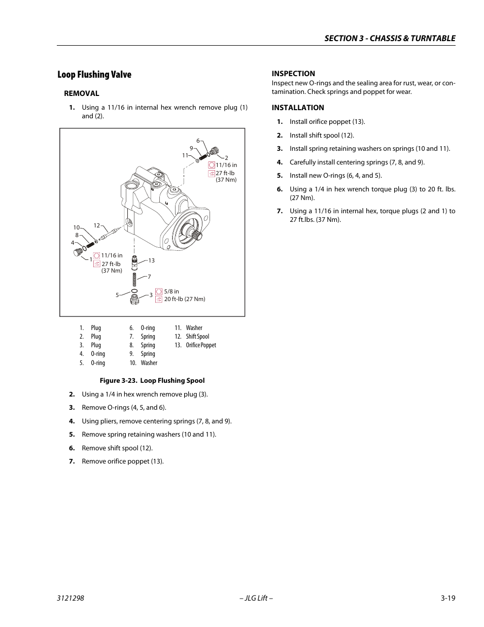 Loop flushing valve, Removal, Inspection | Installation, Loop flushing valve -19, Loop flushing spool -19 | JLG 660SJ Service Manual User Manual | Page 63 / 328
