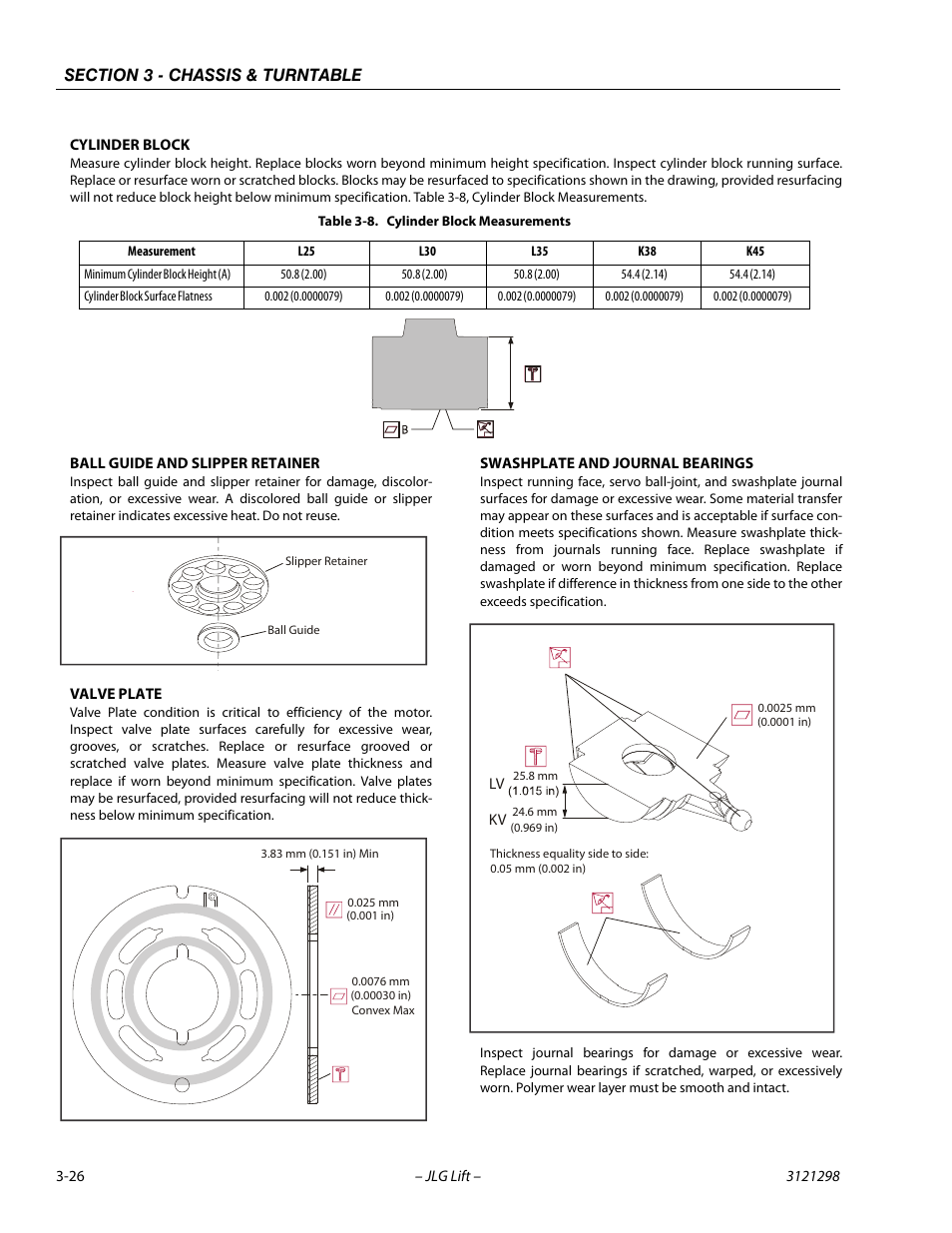 Cylinder block, Ball guide and slipper retainer, Valve plate | Swashplate and journal bearings, Cylinder block measurements -26 | JLG 660SJ Service Manual User Manual | Page 70 / 328