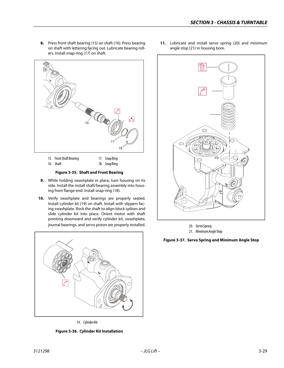 Shaft and front bearing -29, Cylinder kit installation -29, Servo spring and minimum angle stop -29 | JLG 660SJ Service Manual User Manual | Page 73 / 328