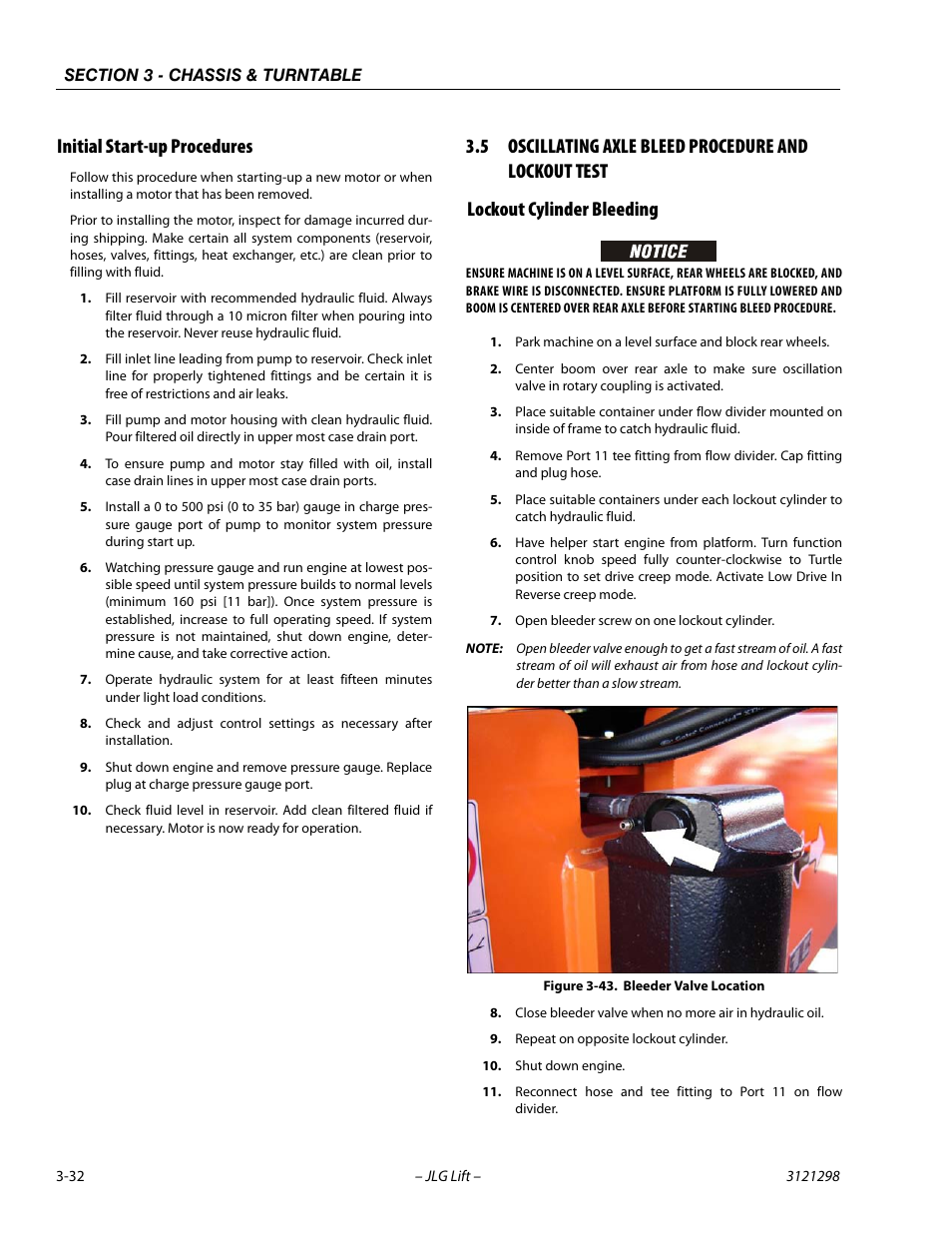 Initial start-up procedures, Lockout cylinder bleeding, Initial start-up procedures -32 | Lockout cylinder bleeding -32, Bleeder valve location -32 | JLG 660SJ Service Manual User Manual | Page 76 / 328