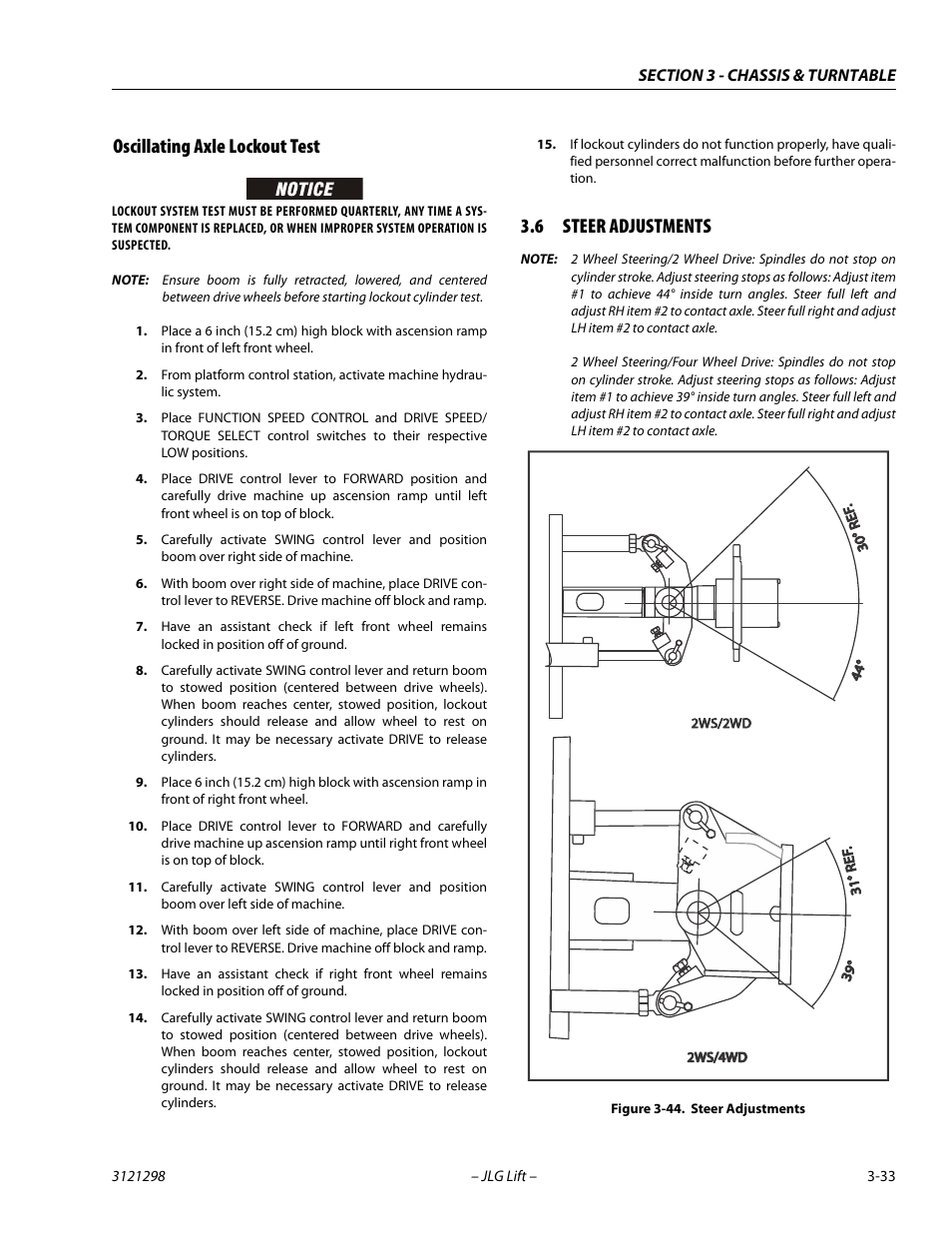 Oscillating axle lockout test, 6 steer adjustments, Oscillating axle lockout test -33 | Steer adjustments -33 | JLG 660SJ Service Manual User Manual | Page 77 / 328