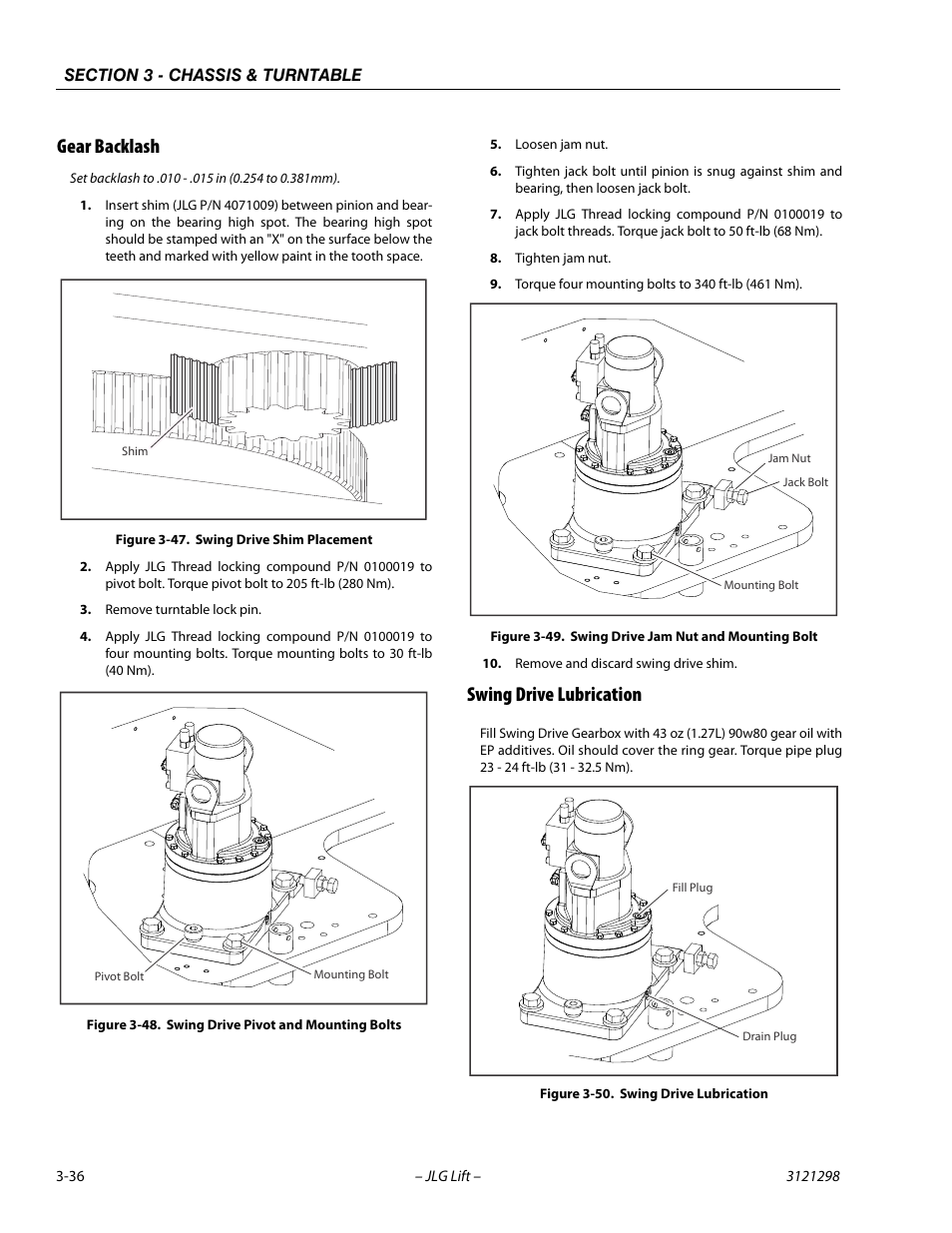 Gear backlash, Swing drive lubrication, Gear backlash -36 swing drive lubrication -36 | Swing drive shim placement -36, Swing drive pivot and mounting bolts -36, Swing drive jam nut and mounting bolt -36, Swing drive lubrication -36 | JLG 660SJ Service Manual User Manual | Page 80 / 328