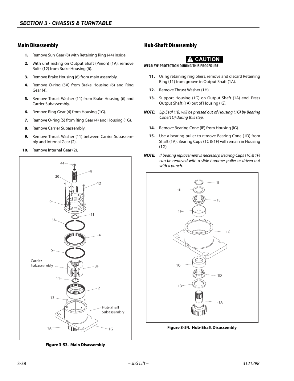Main disassembly, Hub-shaft disassembly, Main disassembly -38 hub-shaft disassembly -38 | Main disassembly -38, Hub-shaft disassembly -38 | JLG 660SJ Service Manual User Manual | Page 82 / 328