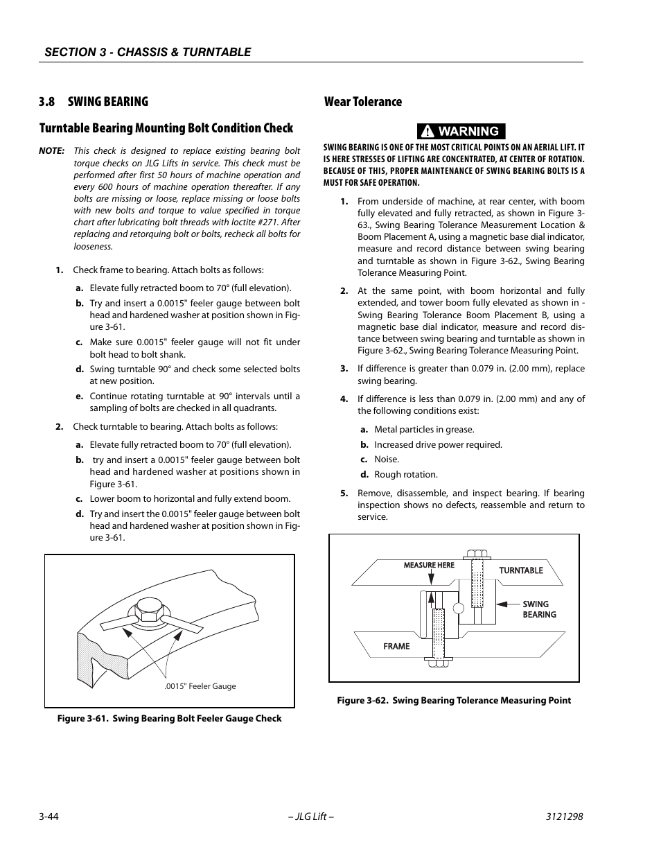 8 swing bearing, Turntable bearing mounting bolt condition check, Wear tolerance | Swing bearing -44, Swing bearing bolt feeler gauge check -44, Swing bearing tolerance measuring point -44 | JLG 660SJ Service Manual User Manual | Page 88 / 328