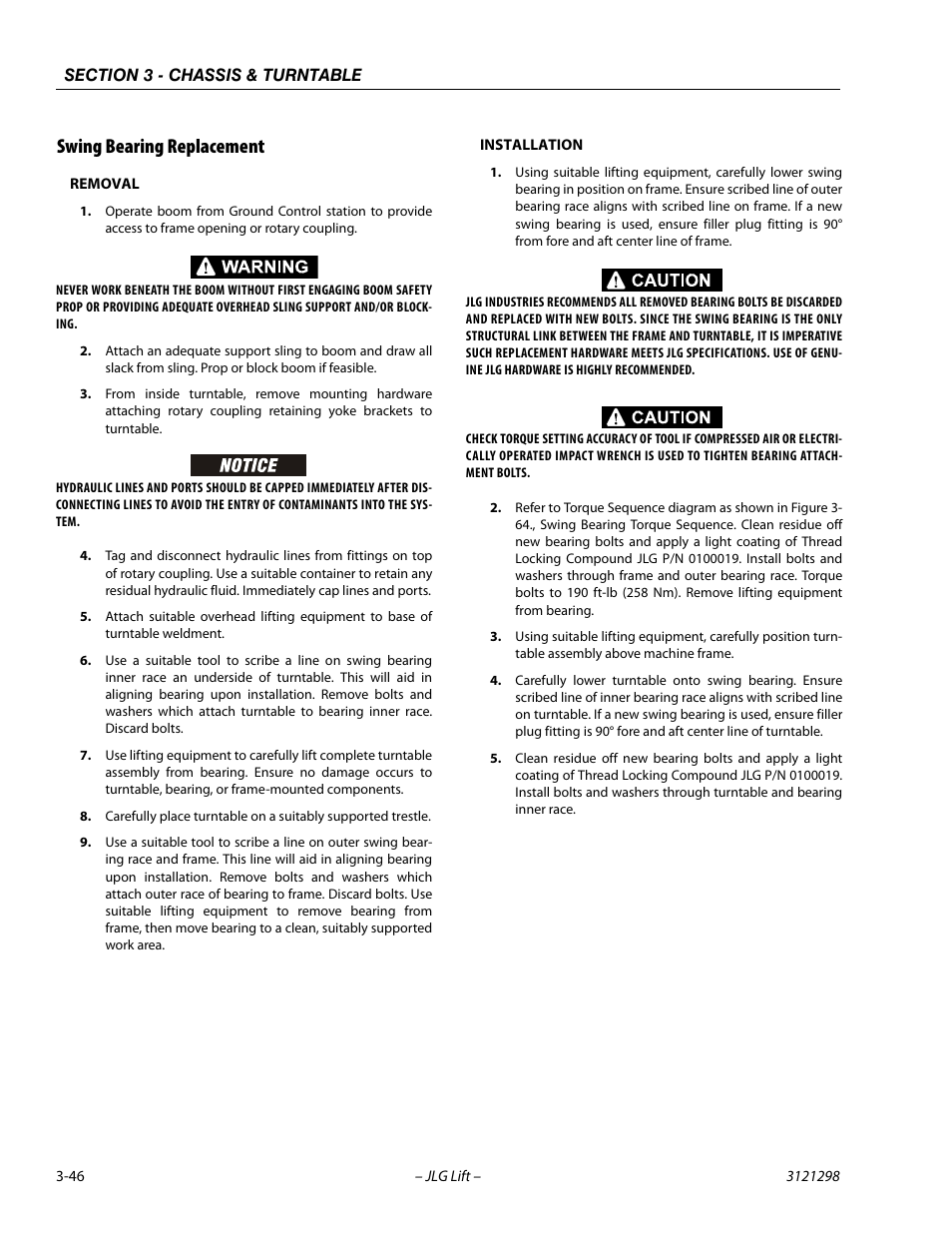 Swing bearing replacement, Removal, Installation | Swing bearing replacement -46 | JLG 660SJ Service Manual User Manual | Page 90 / 328