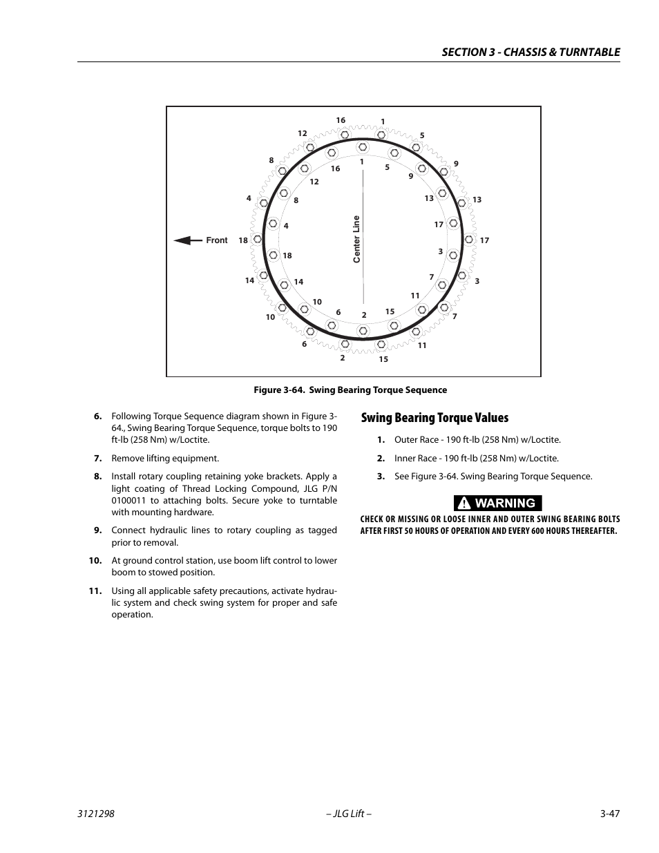 Swing bearing torque values, Swing bearing torque values -47, Swing bearing torque sequence -47 | JLG 660SJ Service Manual User Manual | Page 91 / 328