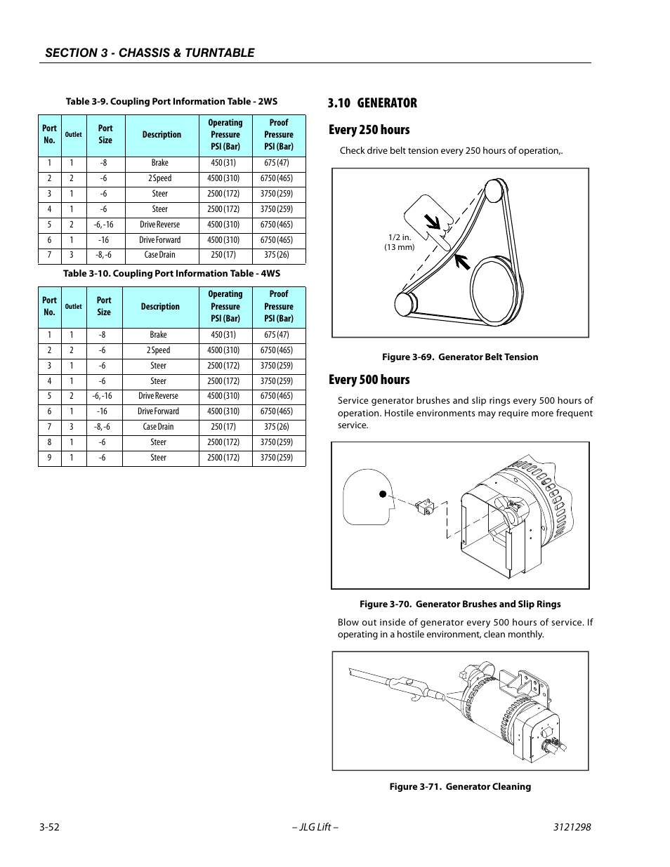 10 generator, Every 250 hours, Every 500 hours | Generator -52, Every 250 hours -52 every 500 hours -52, Generator belt tension -52, Generator brushes and slip rings -52, Generator cleaning -52, Coupling port information table - 2ws -52, Coupling port information table - 4ws -52 | JLG 660SJ Service Manual User Manual | Page 96 / 328