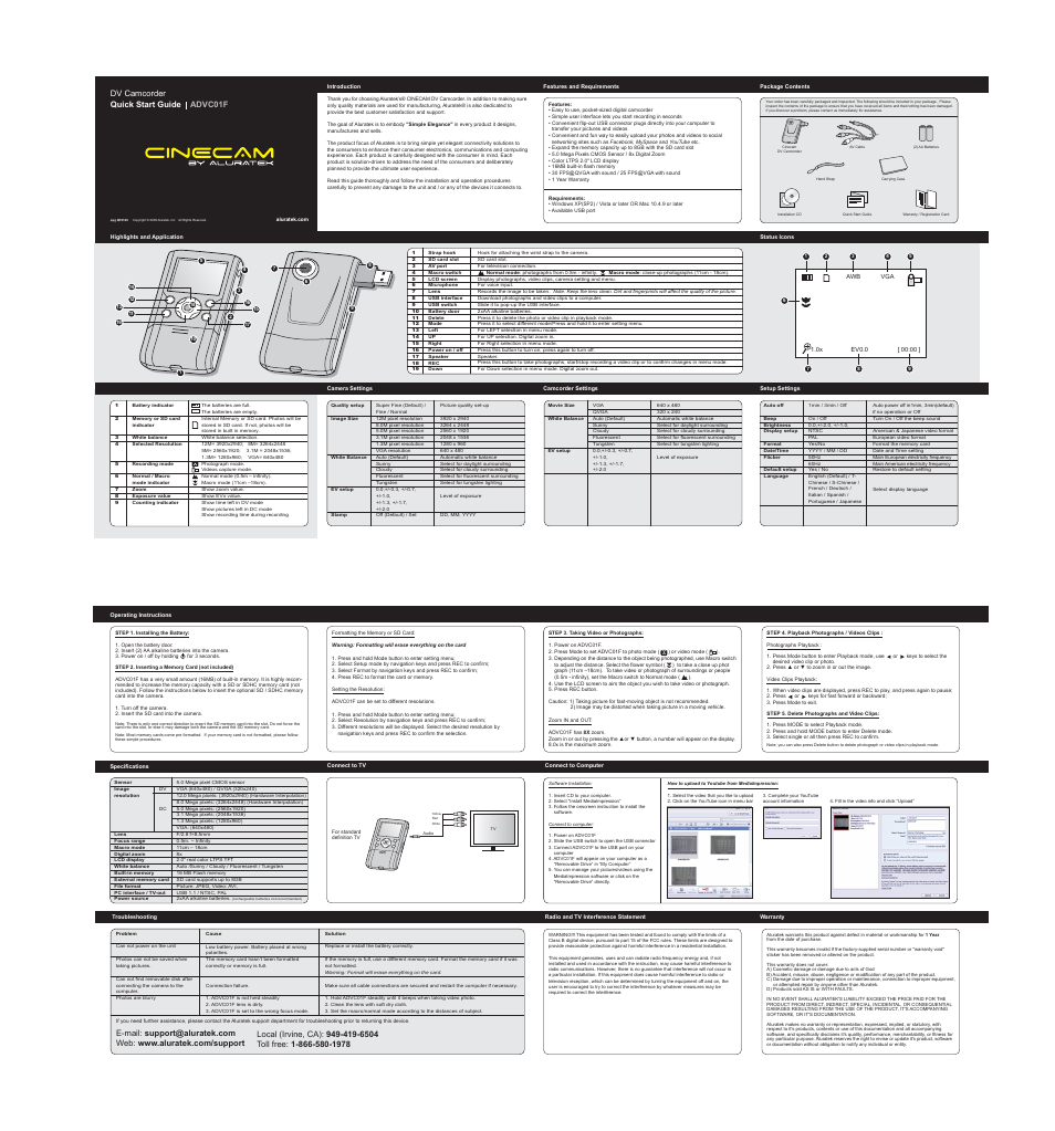 Dv camcorder quick start guide advc01f | Aluratek CINECAM ADVC01F User Manual | Page 2 / 2