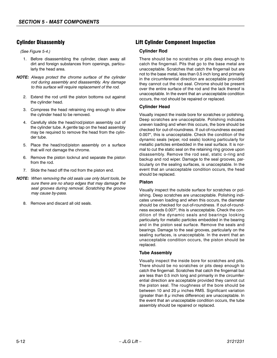 Cylinder disassembly, Lift cylinder component inspection | JLG 15/20MSP Service Manual User Manual | Page 102 / 174