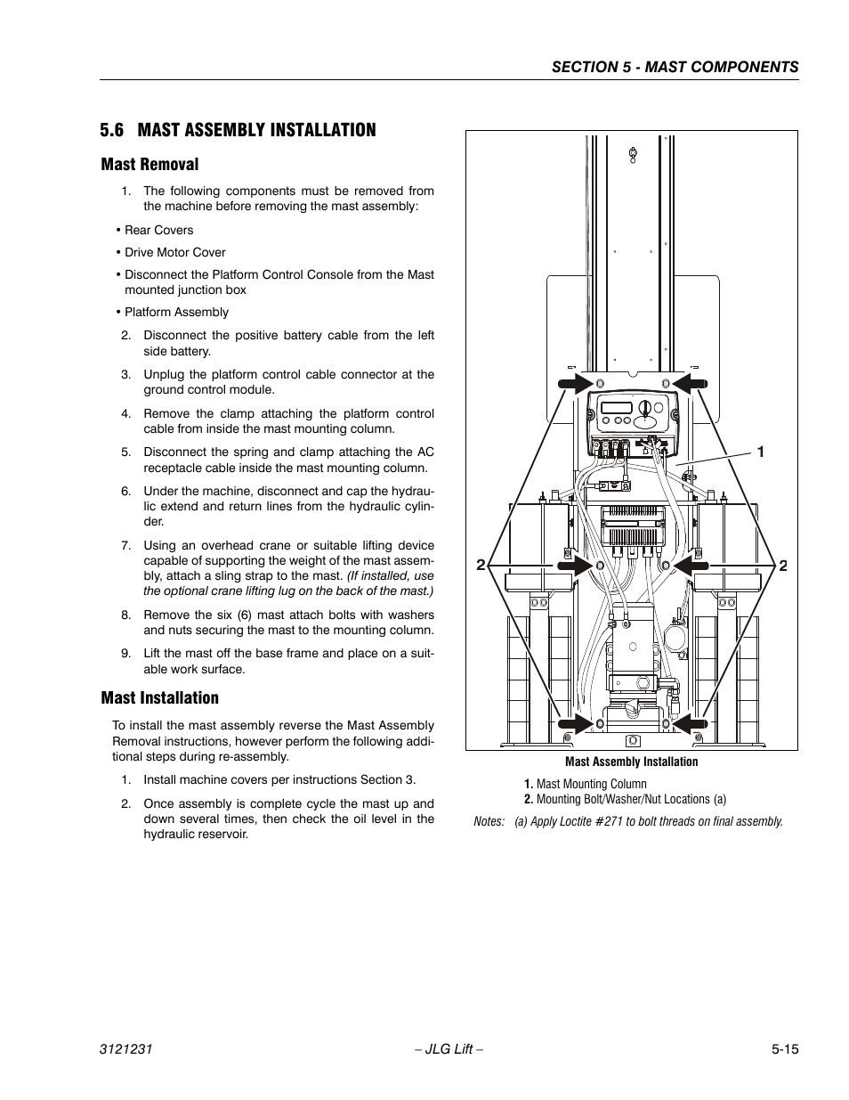 6 mast assembly installation, Mast removal, Mast installation | 6 mast assembly installation -15, Mast removal -15 mast installation -15 | JLG 15/20MSP Service Manual User Manual | Page 105 / 174