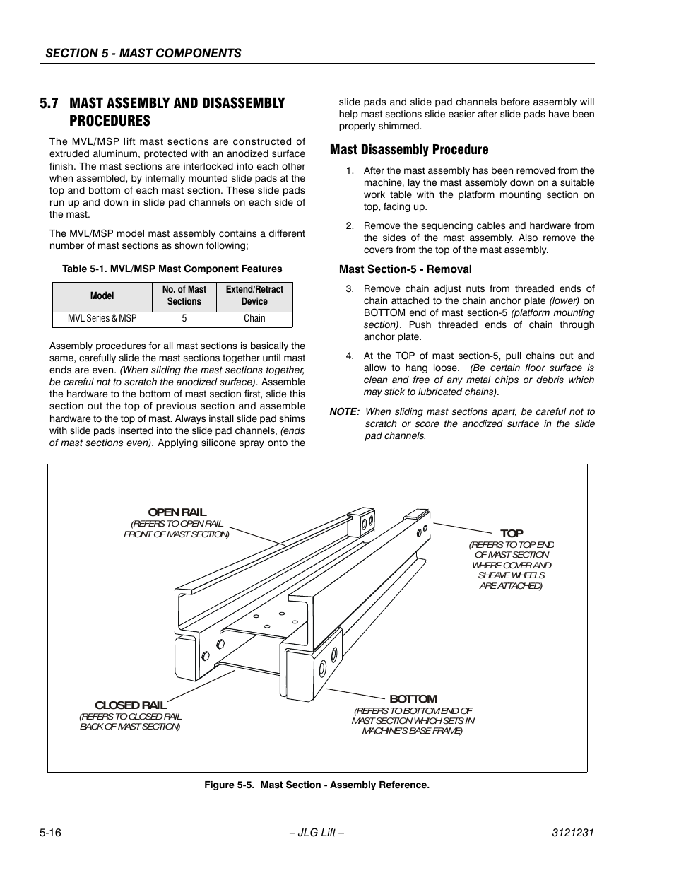 7 mast assembly and disassembly procedures, Mast disassembly procedure, 7 mast assembly and disassembly procedures -16 | Mast disassembly procedure -16, Mast section - assembly reference -16, Mvl/msp mast component features -16 | JLG 15/20MSP Service Manual User Manual | Page 106 / 174