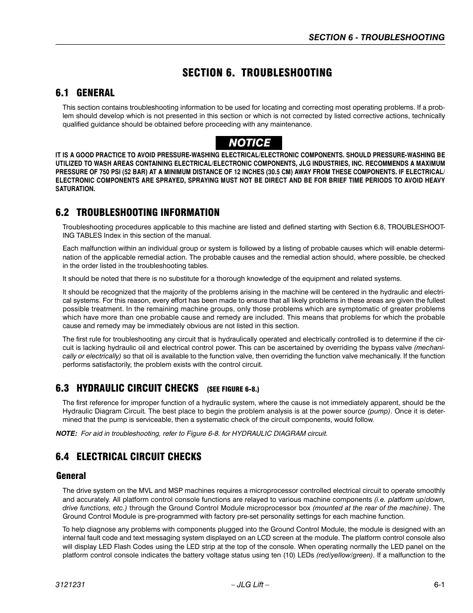 Section 6. troubleshooting, 1 general, 2 troubleshooting information | 3 hydraulic circuit checks (see figure 6-8.), 4 electrical circuit checks, General, Section 6 - troubleshooting, General -1, 3 hydraulic circuit checks | JLG 15/20MSP Service Manual User Manual | Page 121 / 174