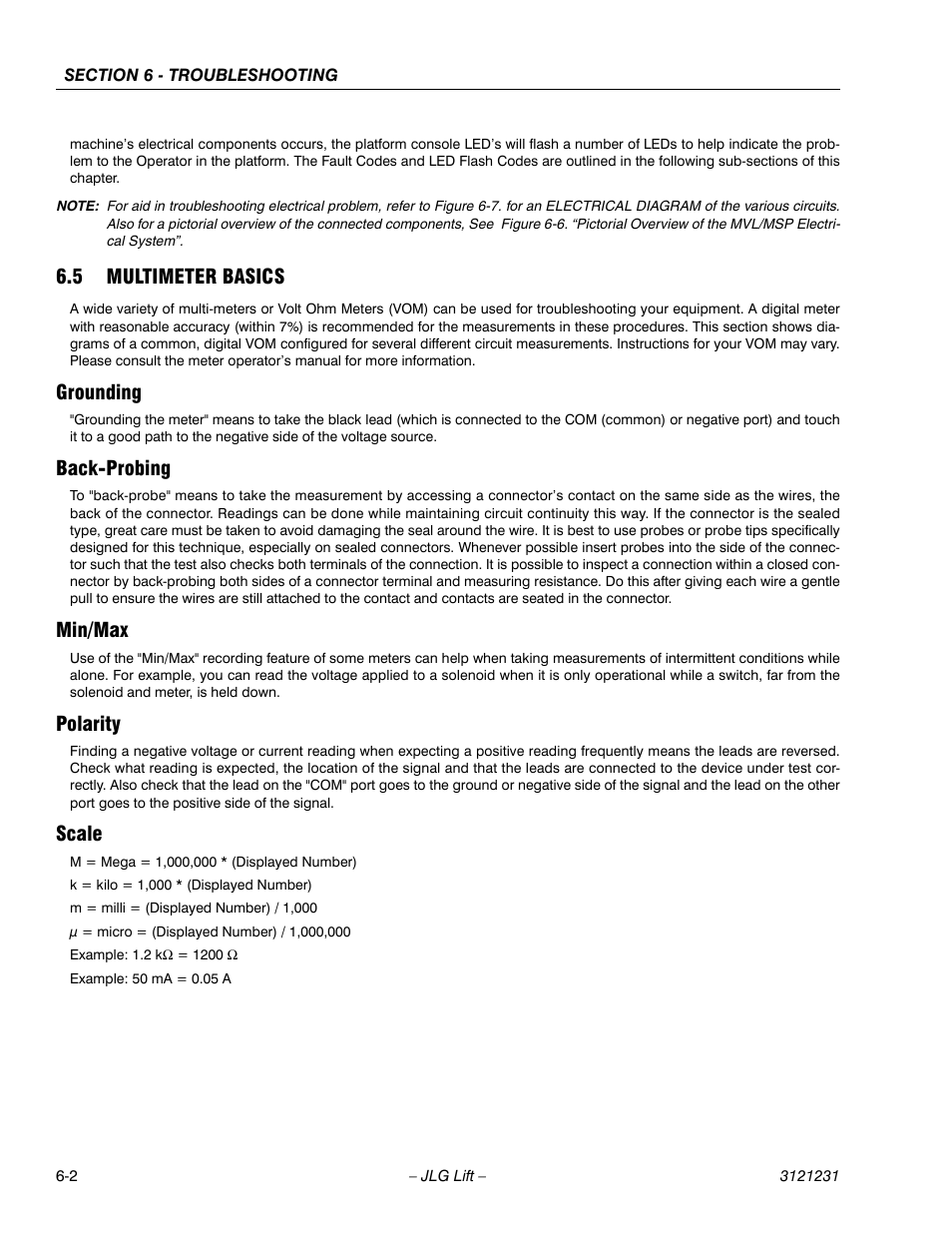 5 multimeter basics, Grounding, Back-probing | Min/max, Polarity, Scale, 5 multimeter basics -2 | JLG 15/20MSP Service Manual User Manual | Page 122 / 174