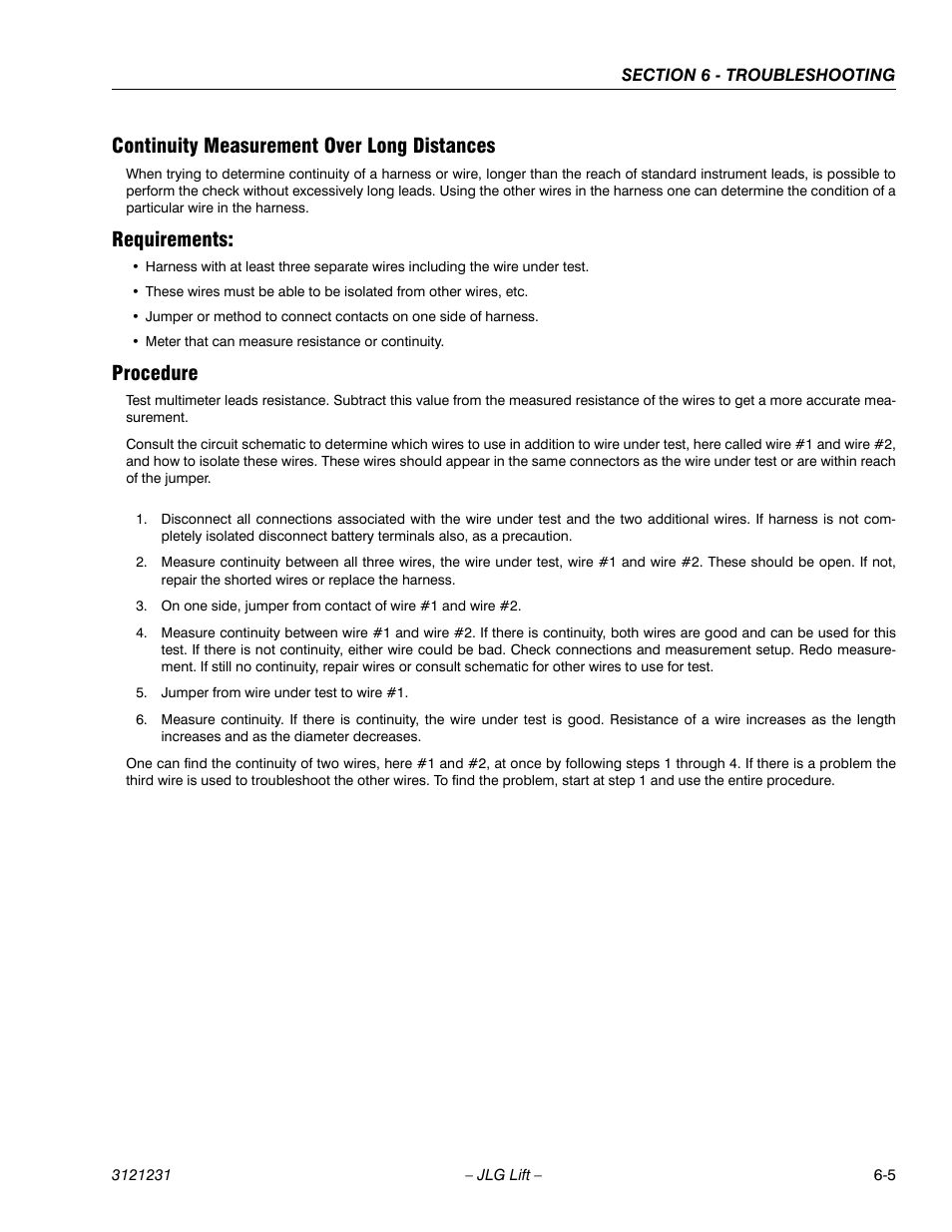 Continuity measurement over long distances, Requirements, Procedure | JLG 15/20MSP Service Manual User Manual | Page 125 / 174