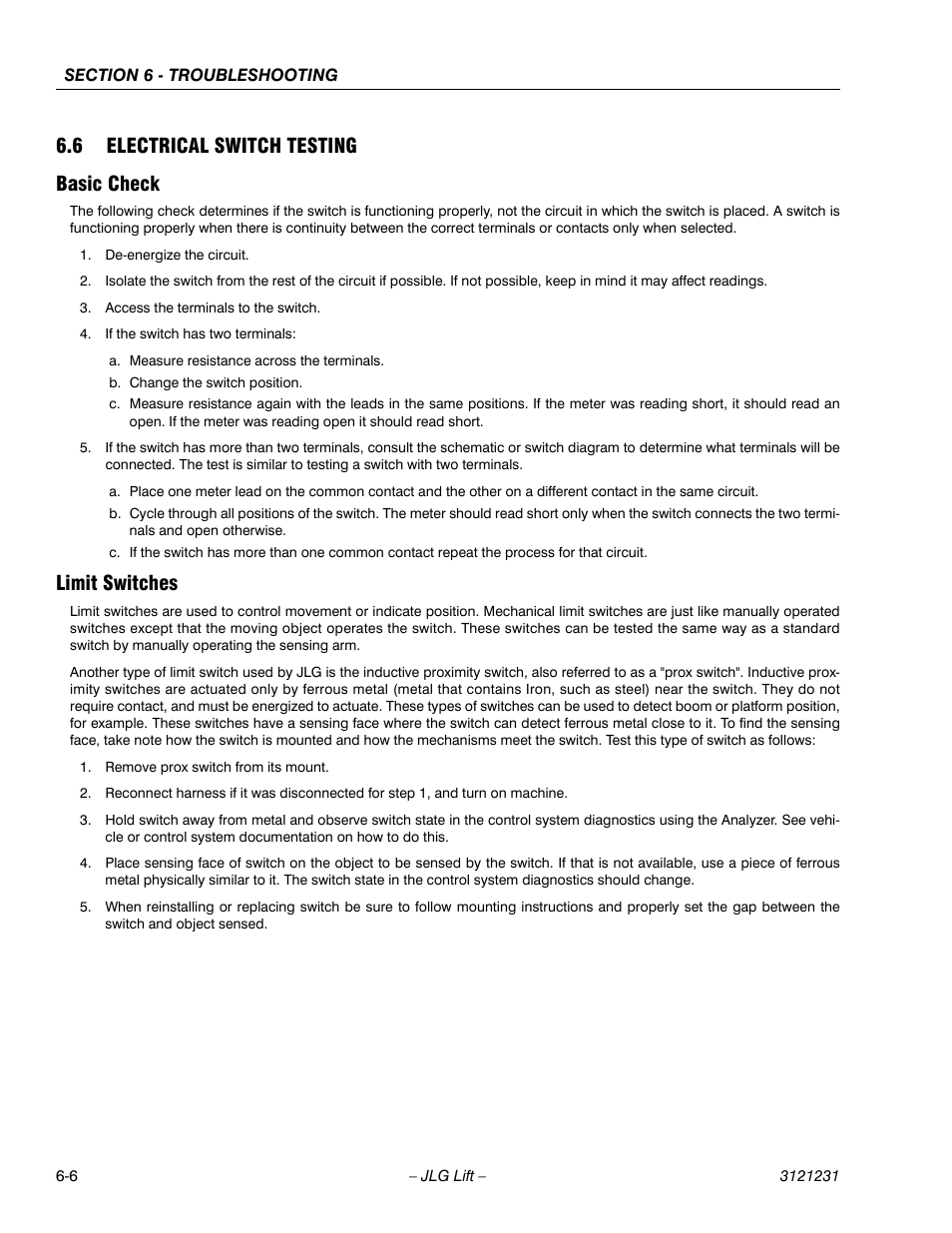 6 electrical switch testing, Basic check, Limit switches | 6 electrical switch testing -6, Basic check -6 limit switches -6, 6 electrical switch testing basic check | JLG 15/20MSP Service Manual User Manual | Page 126 / 174
