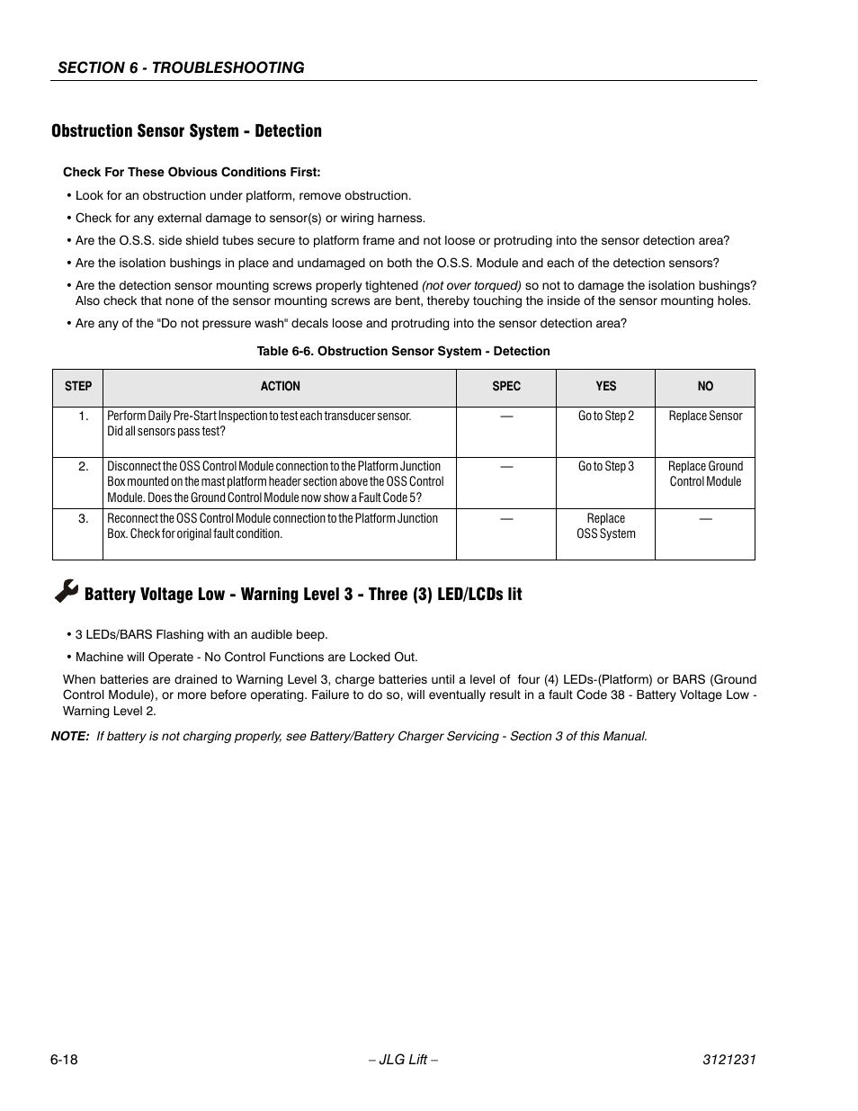 Obstruction sensor system - detection, Obstruction sensor system - detection -18, See table 6-6 | Ge 6-18 | JLG 15/20MSP Service Manual User Manual | Page 138 / 174