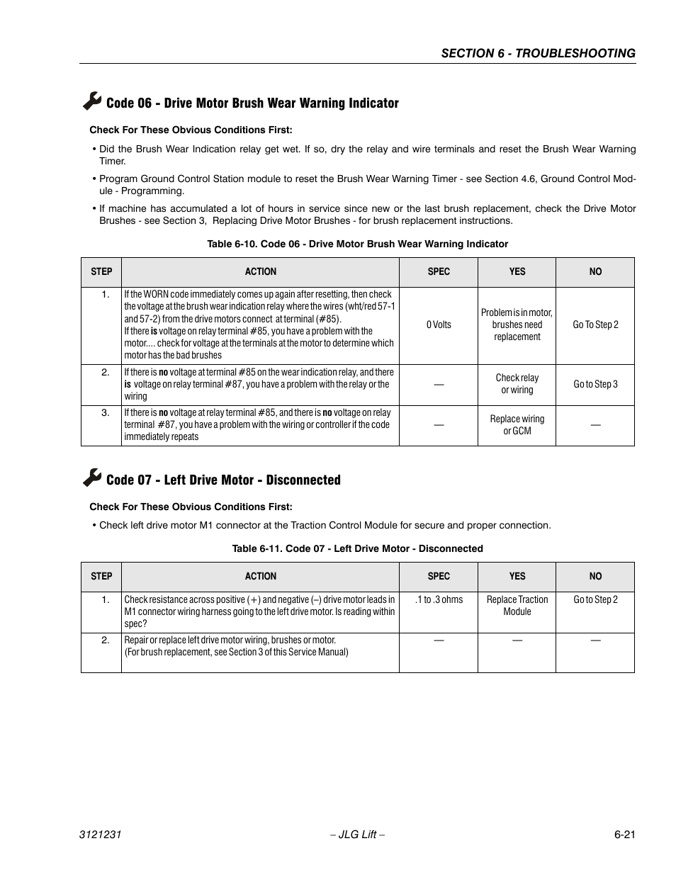 Code 06 - drive motor brush wear warning indicator, Code 07 - left drive motor - disconnected, Code 07 - left drive motor - disconnected -21 | See table 6-10, Ge 6-21, See table 6-11, 21 code 07 - left drive motor - disconnected | JLG 15/20MSP Service Manual User Manual | Page 141 / 174