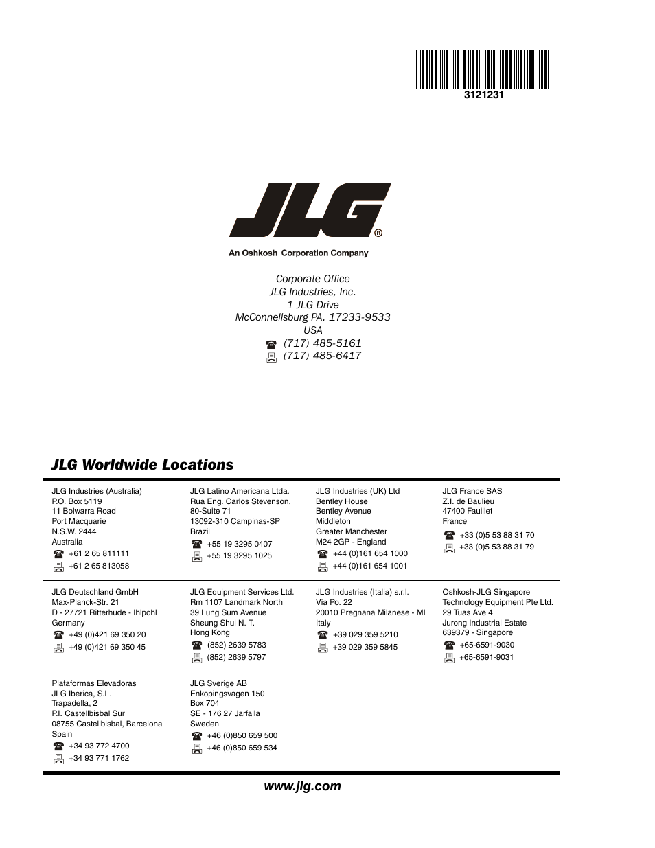 Jlg worldwide locations | JLG 15/20MSP Service Manual User Manual | Page 174 / 174