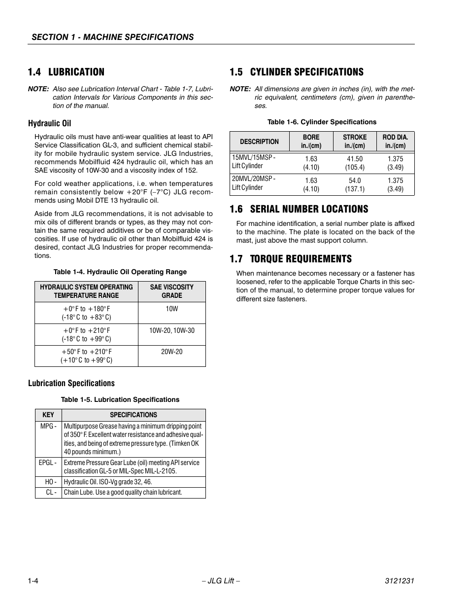 4 lubrication, Hydraulic oil, Lubrication specifications | 5 cylinder specifications, 6 serial number locations, 7 torque requirements, 4 lubrication -4, Hydraulic oil -4 lubrication specifications -4, Hydraulic oil operating range -4, Lubrication specifications -4 | JLG 15/20MSP Service Manual User Manual | Page 18 / 174