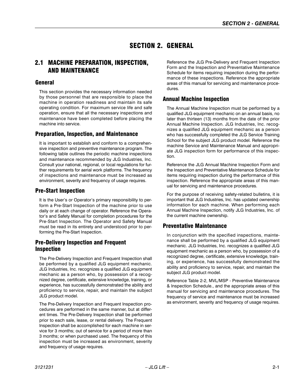 Section 2. general, 1 machine preparation, inspection, and maintenance, General | Preparation, inspection, and maintenance, Pre-start inspection, Pre-delivery inspection and frequent inspection, Annual machine inspection, Preventative maintenance, Section 2 - general | JLG 15/20MSP Service Manual User Manual | Page 27 / 174