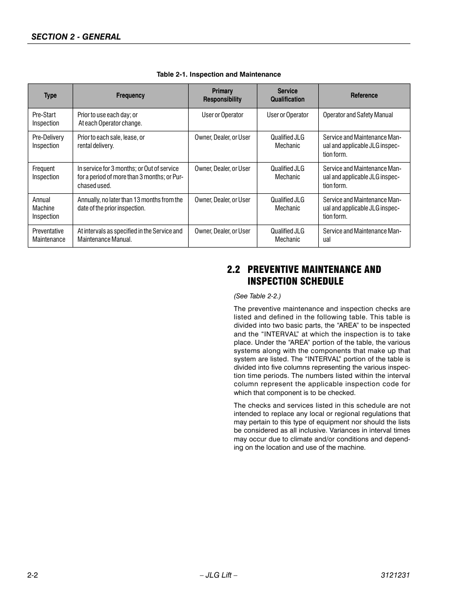 2 preventive maintenance and inspection schedule, Inspection and maintenance -2 | JLG 15/20MSP Service Manual User Manual | Page 28 / 174