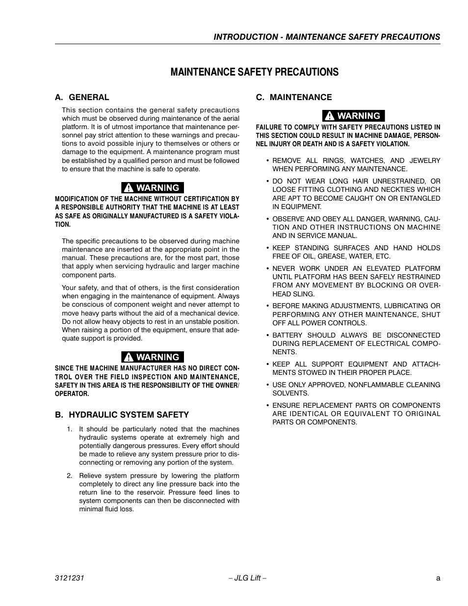 Maintenance safety precautions, A. general, B. hydraulic system safety | C. maintenance | JLG 15/20MSP Service Manual User Manual | Page 3 / 174