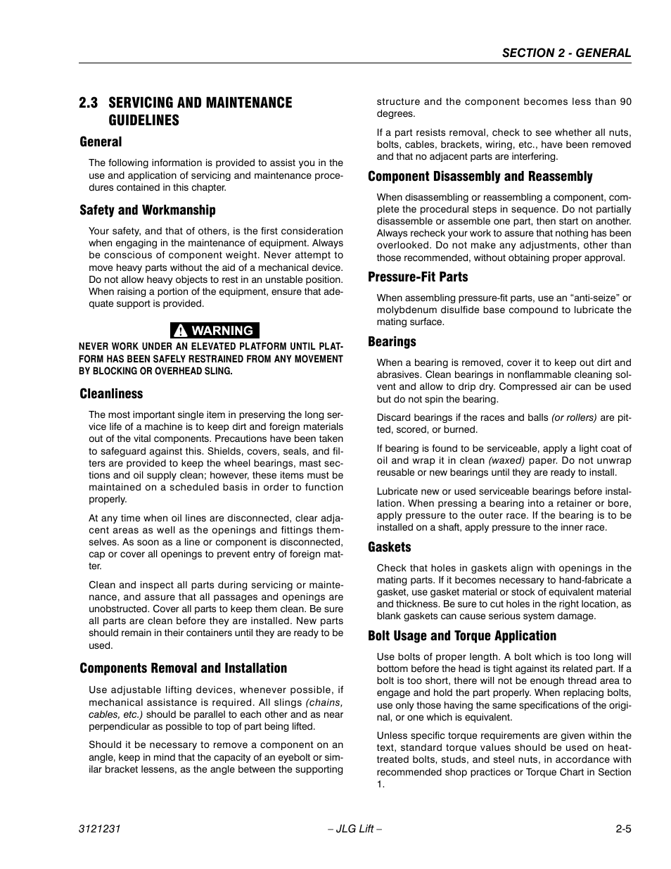 3 servicing and maintenance guidelines, General, Safety and workmanship | Cleanliness, Components removal and installation, Component disassembly and reassembly, Pressure-fit parts, Bearings, Gaskets, Bolt usage and torque application | JLG 15/20MSP Service Manual User Manual | Page 31 / 174