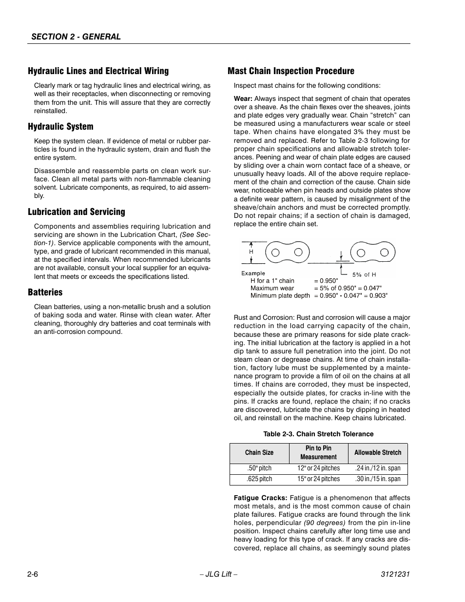 Hydraulic lines and electrical wiring, Hydraulic system, Lubrication and servicing | Batteries, Mast chain inspection procedure, Hydraulic lines and electrical wiring -6, Chain stretch tolerance -6 | JLG 15/20MSP Service Manual User Manual | Page 32 / 174