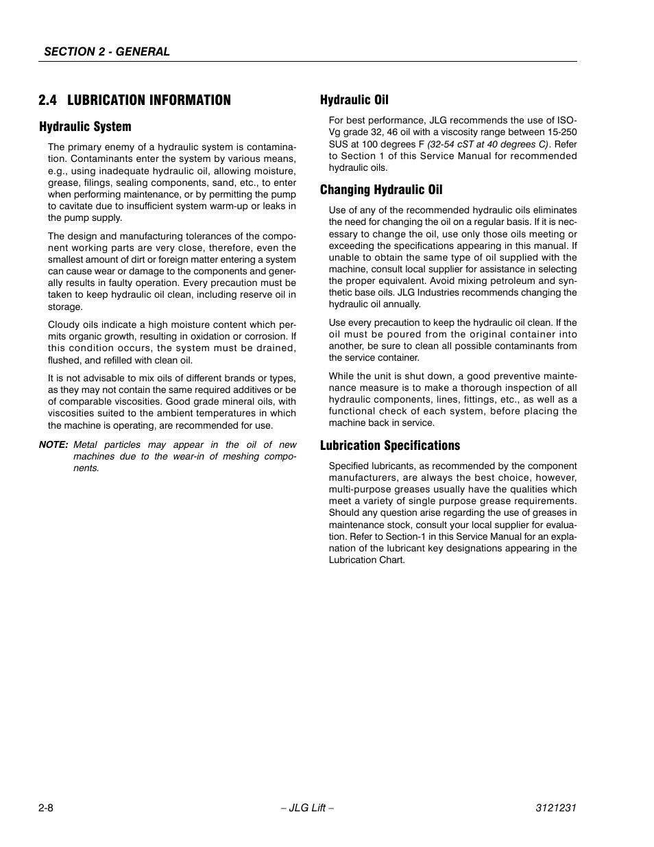 4 lubrication information, Hydraulic system, Hydraulic oil | Changing hydraulic oil, Lubrication specifications, 4 lubrication information -8 | JLG 15/20MSP Service Manual User Manual | Page 34 / 174