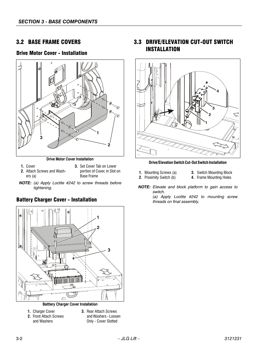 2 base frame covers, Drive motor cover - installation, Battery charger cover - installation | 3 drive/elevation cut-out switch installation, 2 base frame covers -2, 3 drive/elevation cut-out switch installation -2 | JLG 15/20MSP Service Manual User Manual | Page 36 / 174
