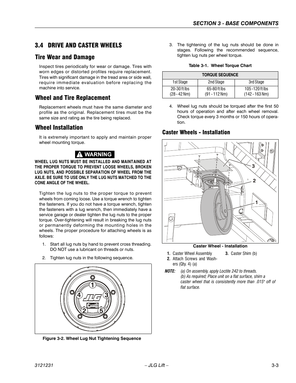 4 drive and caster wheels, Tire wear and damage, Wheel and tire replacement | Wheel installation, Caster wheels - installation, 4 drive and caster wheels -3, Wheel lug nut tightening sequence -3, Wheel torque chart -3, 4 drive and caster wheels tire wear and damage | JLG 15/20MSP Service Manual User Manual | Page 37 / 174