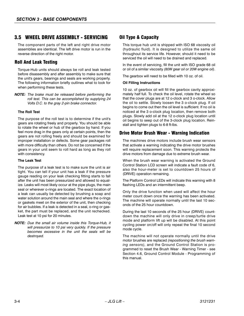 5 wheel drive assembly - servicing, Roll and leak testing, Oil type & capacity | Drive motor brush wear - warning indication, 5 wheel drive assembly - servicing -4 | JLG 15/20MSP Service Manual User Manual | Page 38 / 174