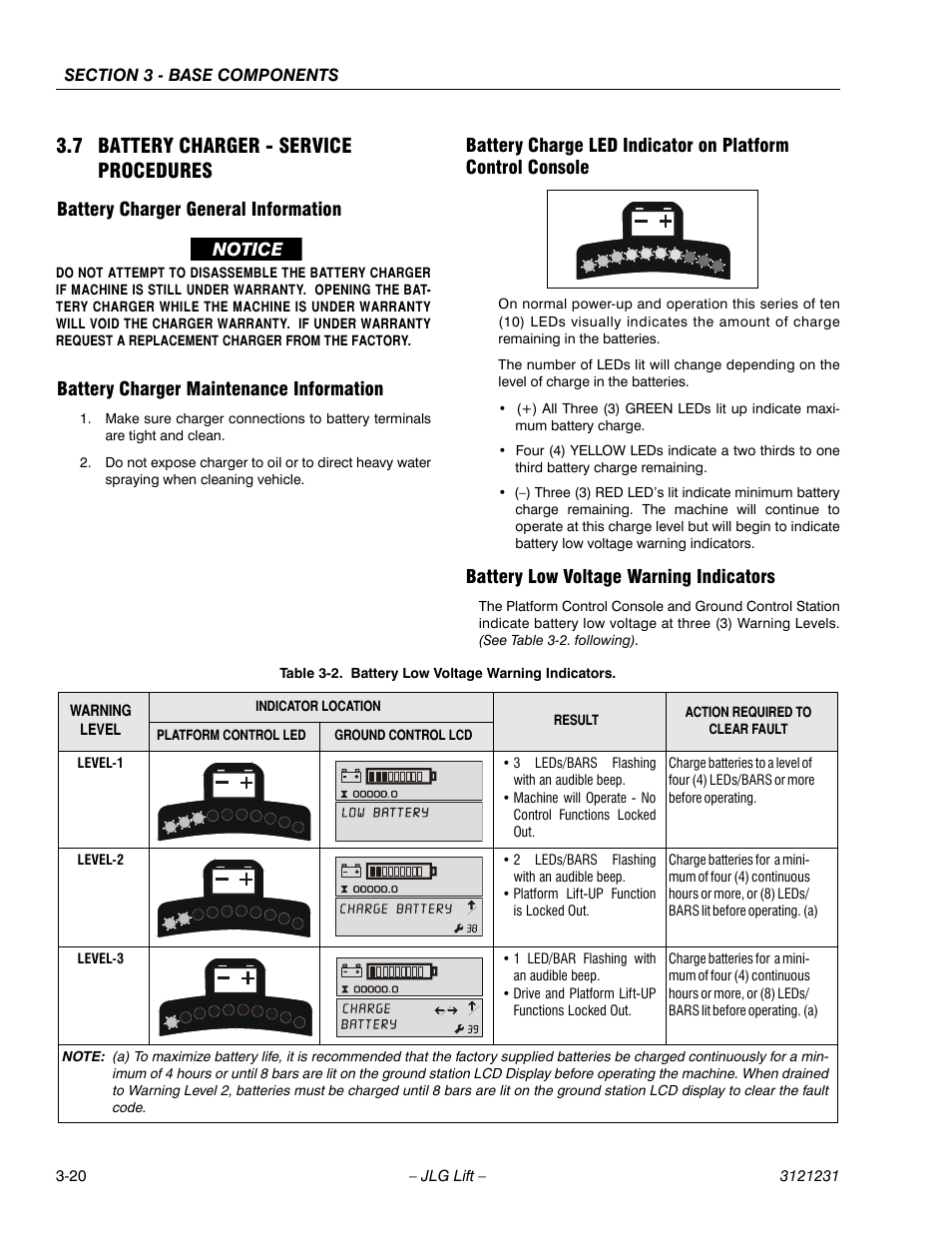 7 battery charger - service procedures, Battery charger general information, Battery charger maintenance information | Battery low voltage warning indicators, 7 battery charger - service procedures -20, Battery low voltage warning indicators -20 | JLG 15/20MSP Service Manual User Manual | Page 54 / 174
