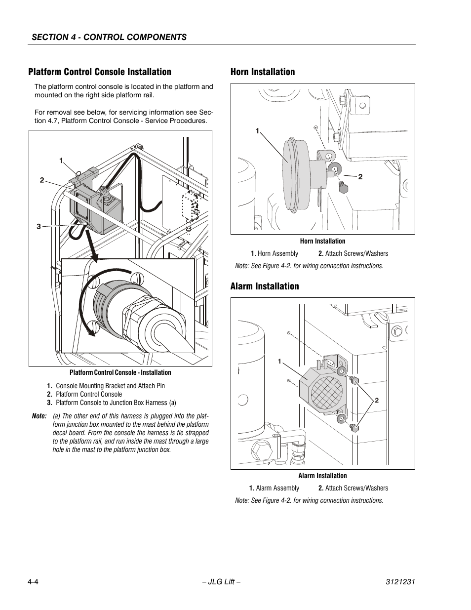 Platform control console installation, Horn installation, Alarm installation | JLG 15/20MSP Service Manual User Manual | Page 60 / 174