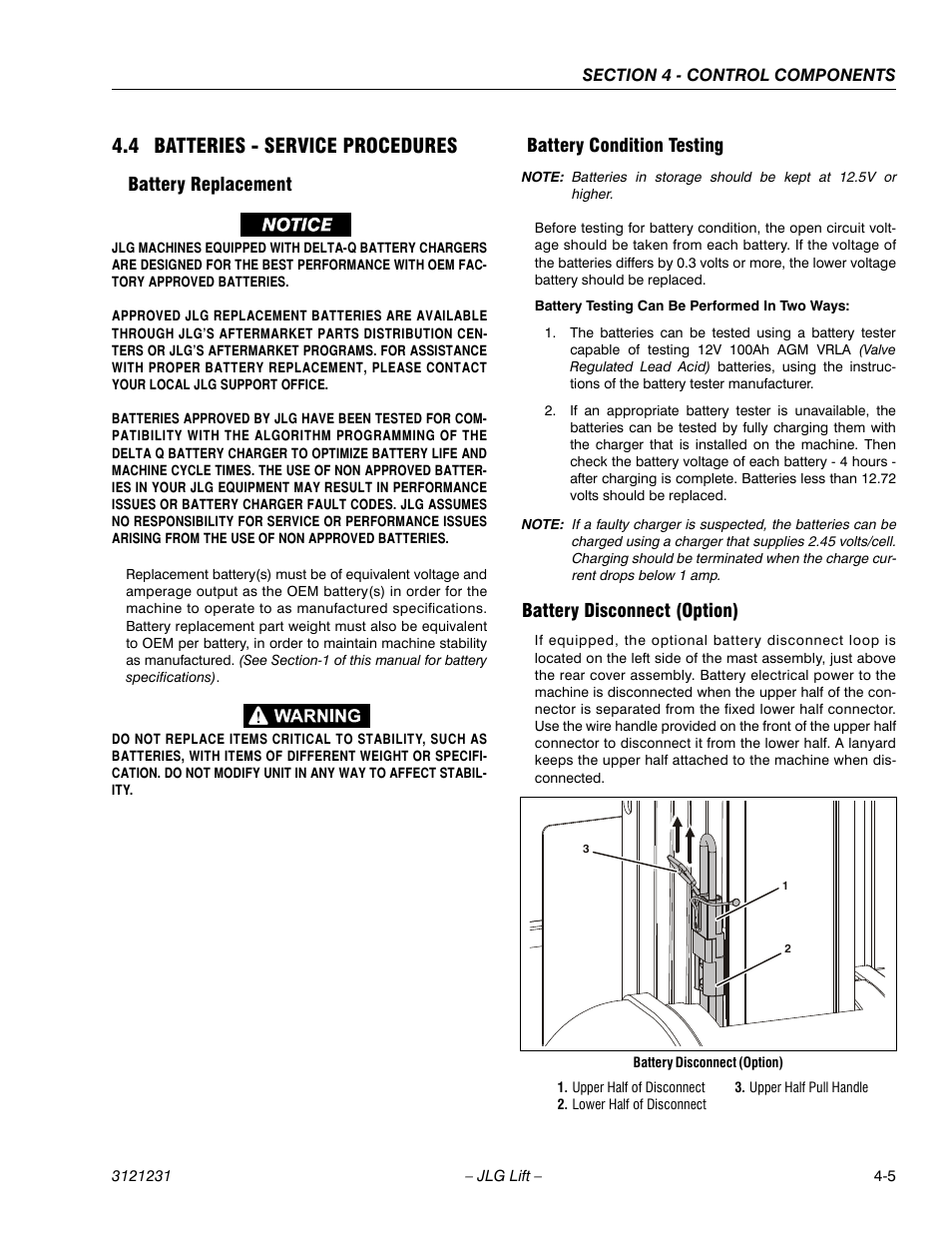 4 batteries - service procedures, Battery replacement, Battery condition testing | Battery disconnect (option), 4 batteries - service procedures -5, Battery condition testing -5, Battery disconnect (option) -5 | JLG 15/20MSP Service Manual User Manual | Page 61 / 174