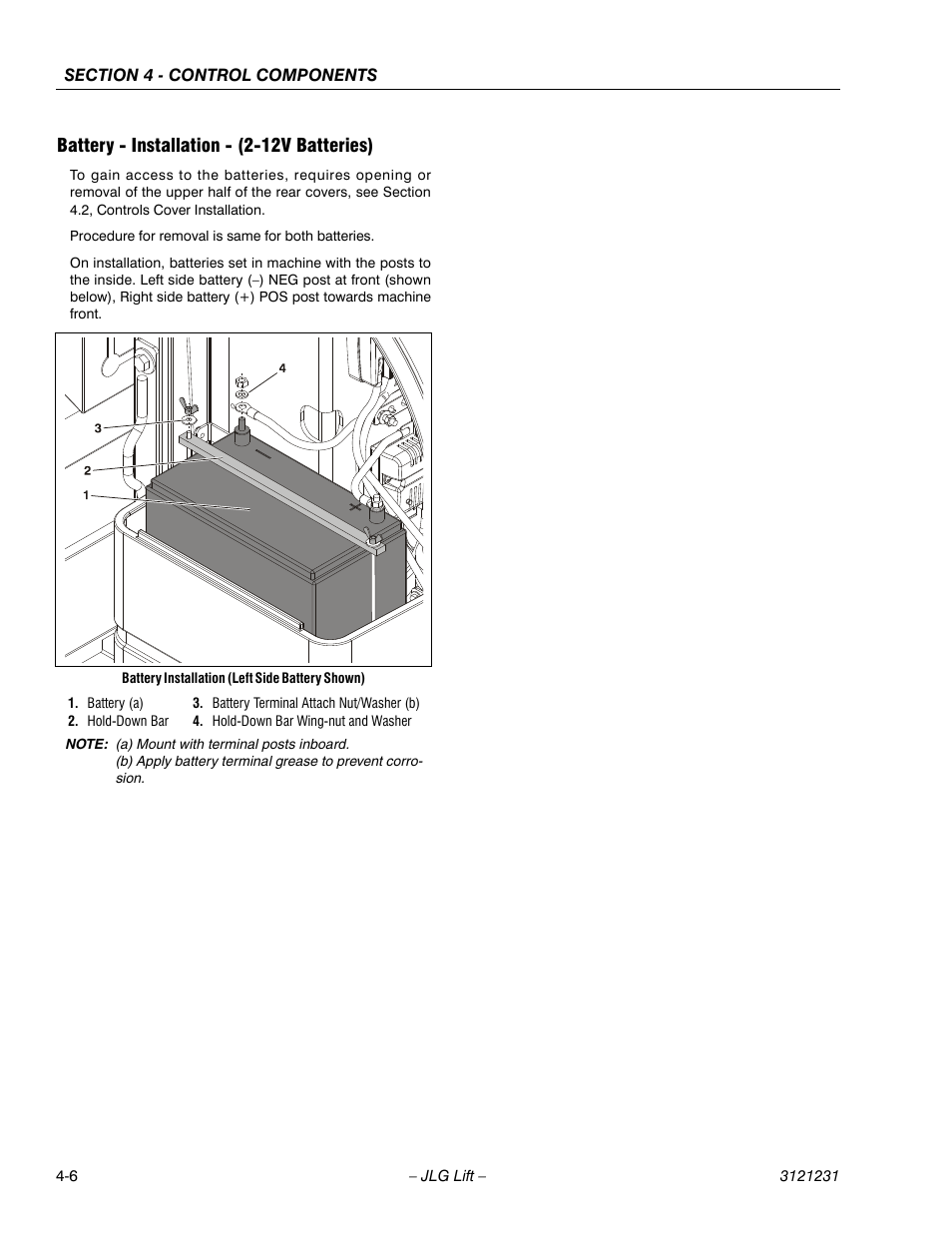 Battery - installation - (2-12v batteries), Battery - installation - (2-12v batteries) -5 | JLG 15/20MSP Service Manual User Manual | Page 62 / 174