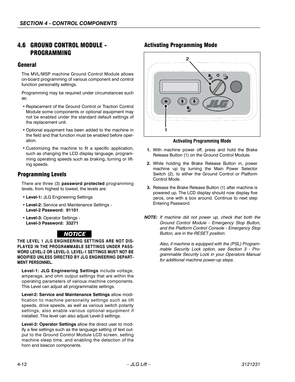 6 ground control module - programming, General, Programming levels | Activating programming mode, 6 ground control module - programming -11 | JLG 15/20MSP Service Manual User Manual | Page 68 / 174