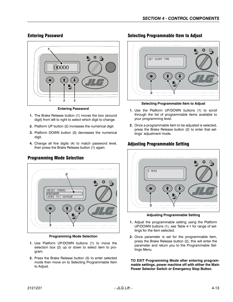 Entering password, Programming mode selection, Selecting programmable item to adjust | Adjusting programmable setting | JLG 15/20MSP Service Manual User Manual | Page 69 / 174
