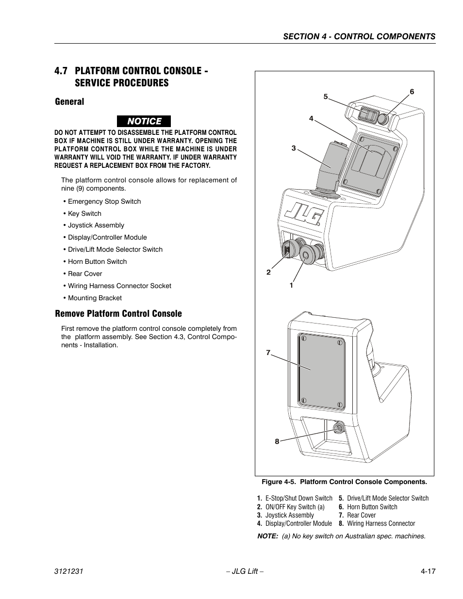 7 platform control console - service procedures, General, Remove platform control console | General -16 remove platform control console -16, Platform control console components -16 | JLG 15/20MSP Service Manual User Manual | Page 73 / 174