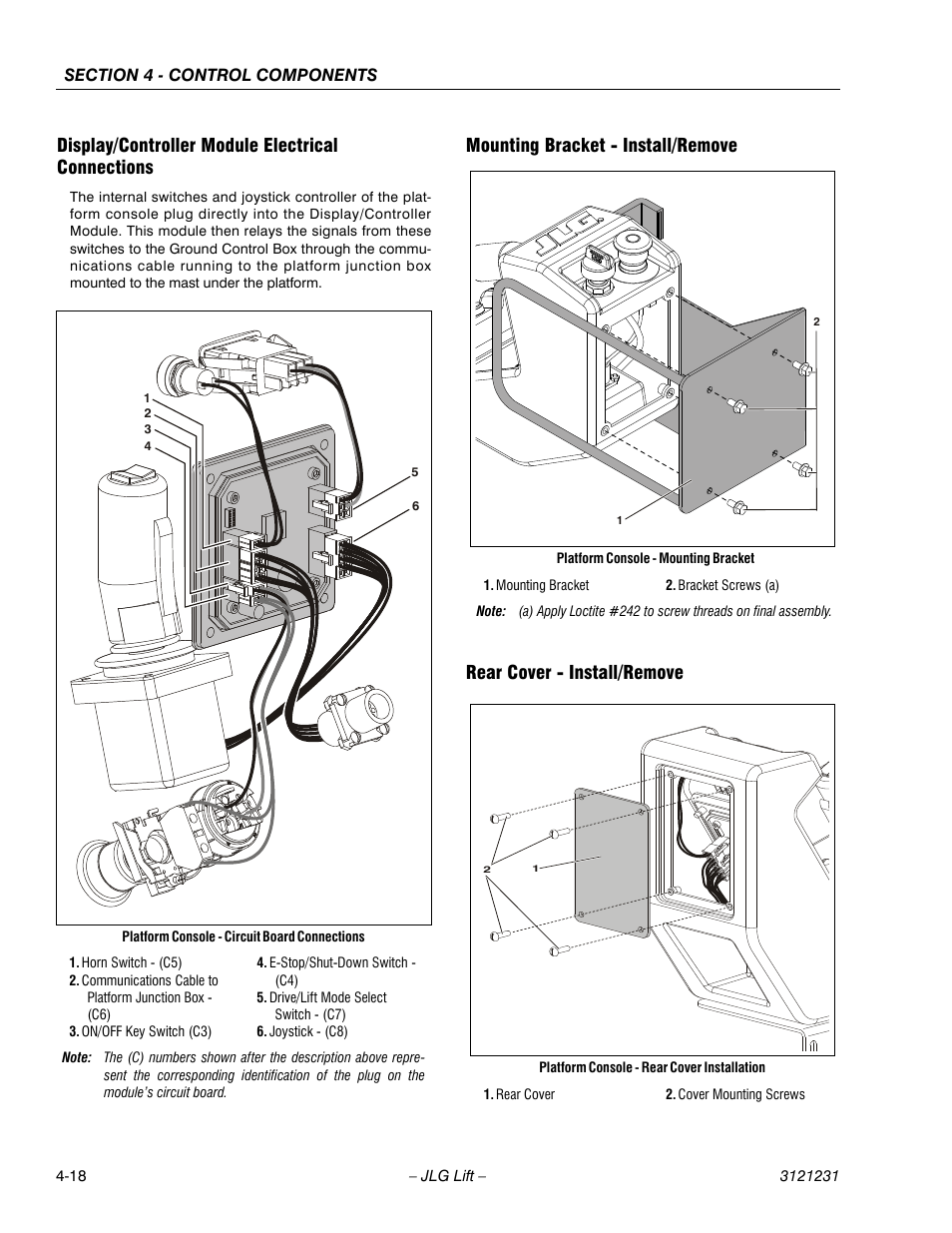 Display/controller module electrical connections, Mounting bracket - install/remove, Rear cover - install/remove | JLG 15/20MSP Service Manual User Manual | Page 74 / 174