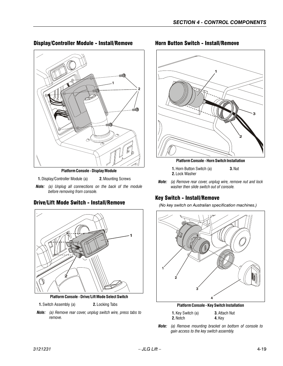 Display/controller module - install/remove, Drive/lift mode switch - install/remove, Horn button switch - install/remove | Key switch - install/remove | JLG 15/20MSP Service Manual User Manual | Page 75 / 174