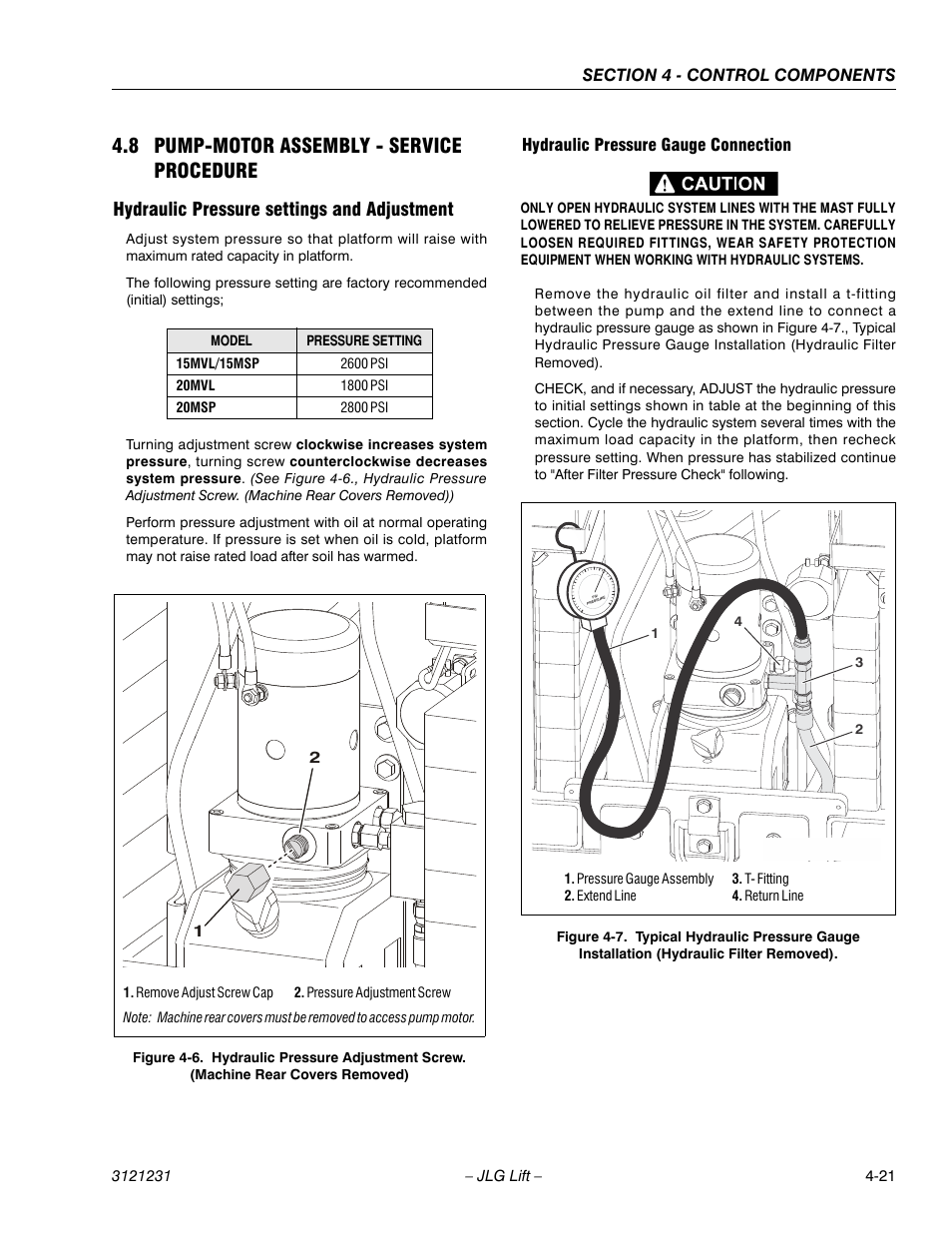 8 pump-motor assembly - service procedure, Hydraulic pressure settings and adjustment, Hydraulic pressure gauge connection | 8 pump-motor assembly - service procedure -20 | JLG 15/20MSP Service Manual User Manual | Page 77 / 174