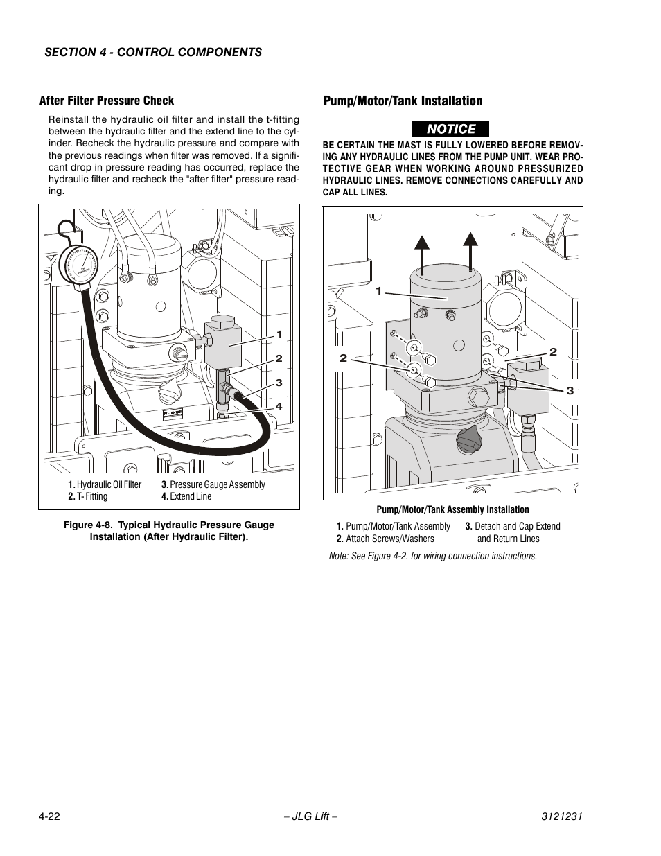 After filter pressure check, Pump/motor/tank installation | JLG 15/20MSP Service Manual User Manual | Page 78 / 174