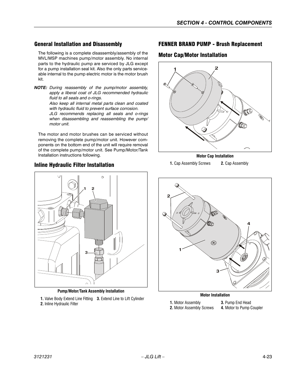 General installation and disassembly, Inline hydraulic filter installation, Fenner brand pump - brush replacement | Motor cap/motor installation | JLG 15/20MSP Service Manual User Manual | Page 79 / 174