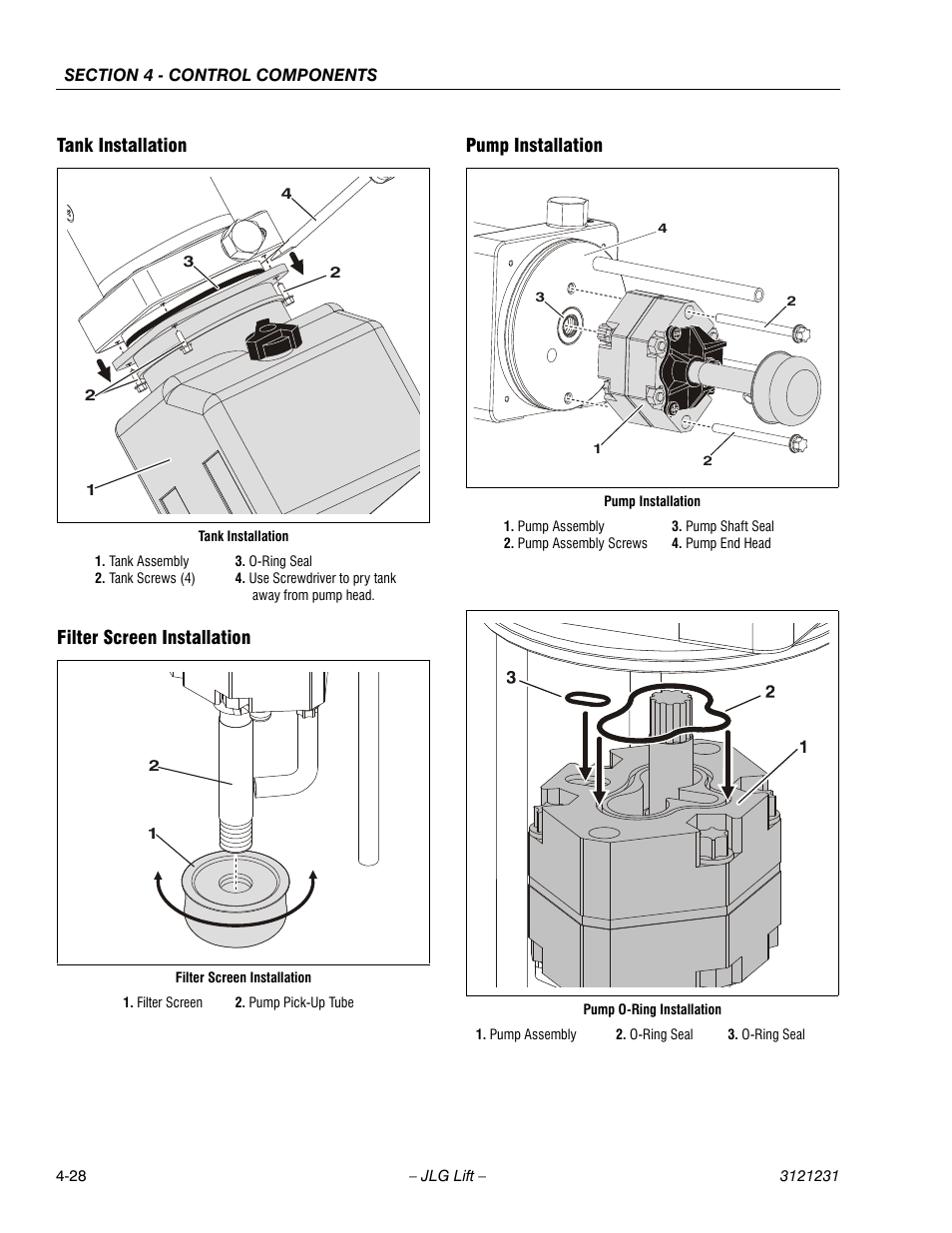 Tank installation, Filter screen installation, Pump installation | JLG 15/20MSP Service Manual User Manual | Page 84 / 174